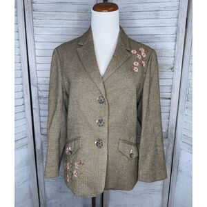 American Eagle Outfitters Women's Olive Green Embroidered Herringbone Blazer L